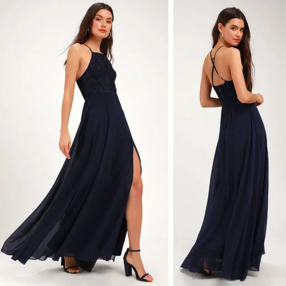 Navy Blue Lace Maxi Dress | Womens | Medium | 100% Polyester | Lulus